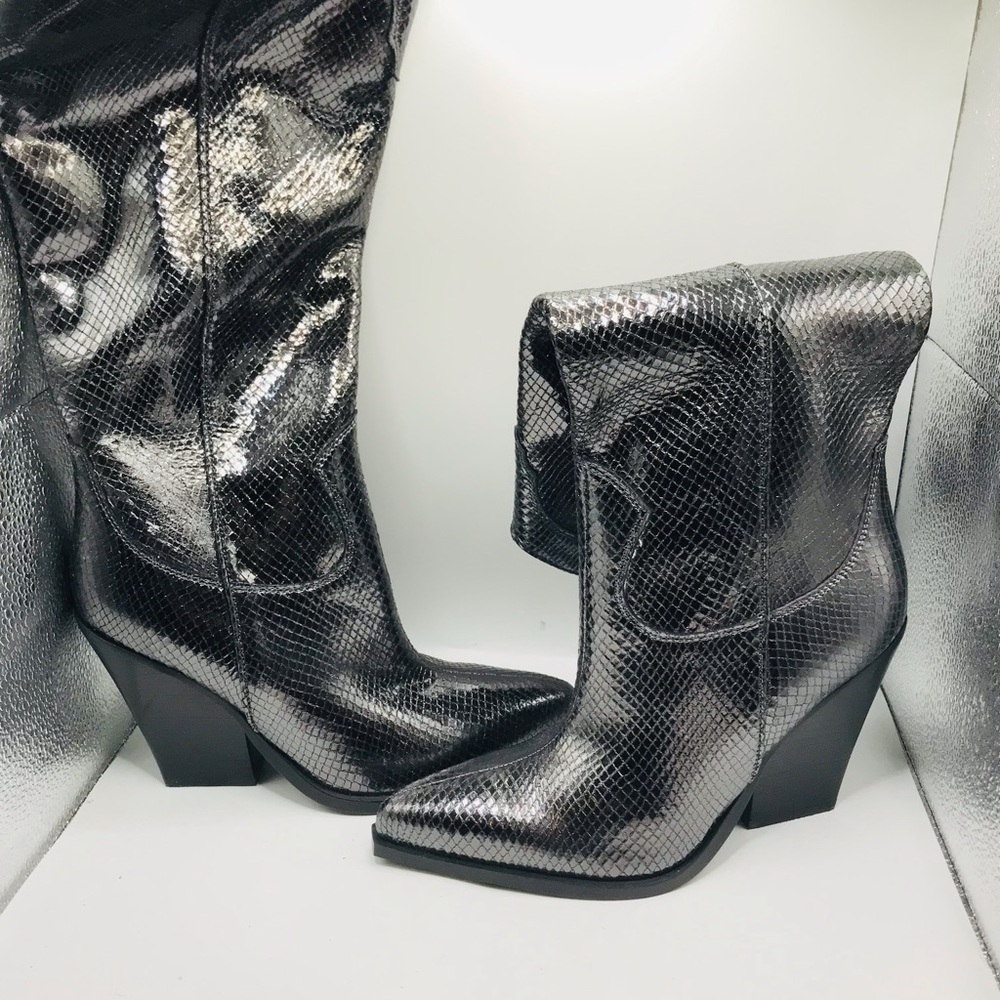 Marc fisher Metallic Snakeskin Knee-High Western Boots - Black/Silver - Picture 7 of 12
